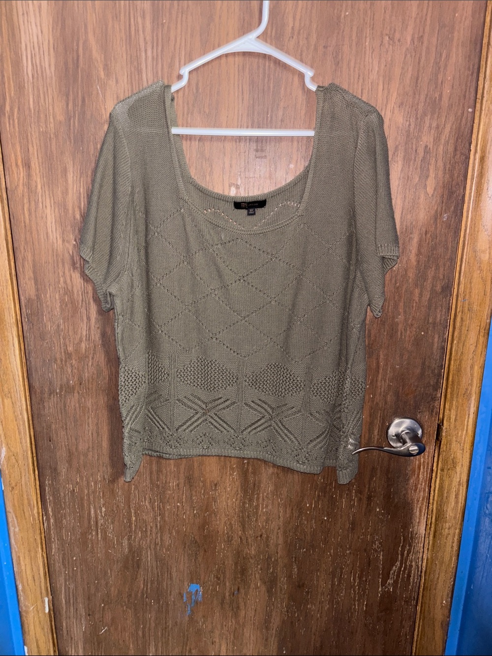 Frye Olive Openwork Scoop Neck Short Sleeve Sweater Top